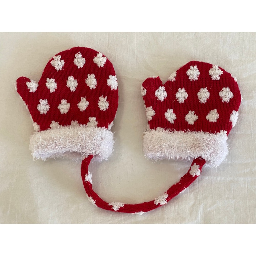 Kids Red White Knit Mittens‎ with String Snowflake Pattern Faux Fur Trim Winter